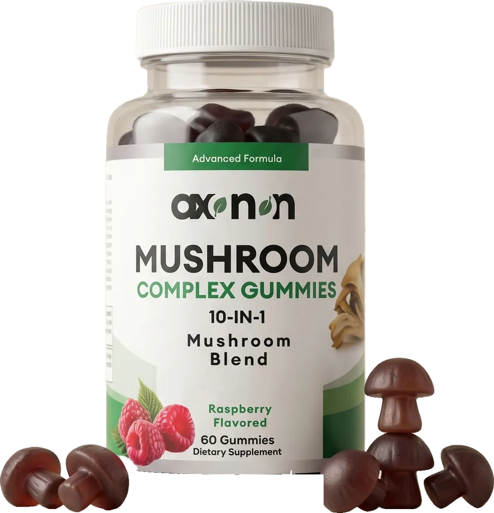 AXONON Mushroom Complex Gummies bottle with mushroom-shaped raspberry gummies
